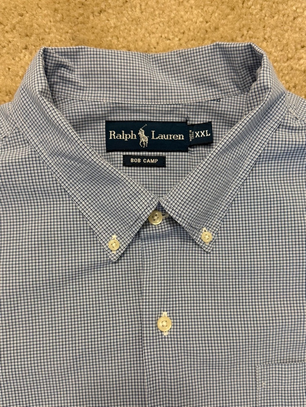 Ralph Lauren Bob Camp Shirt Men's XXL Blue White Check Button Down Short Sleeve